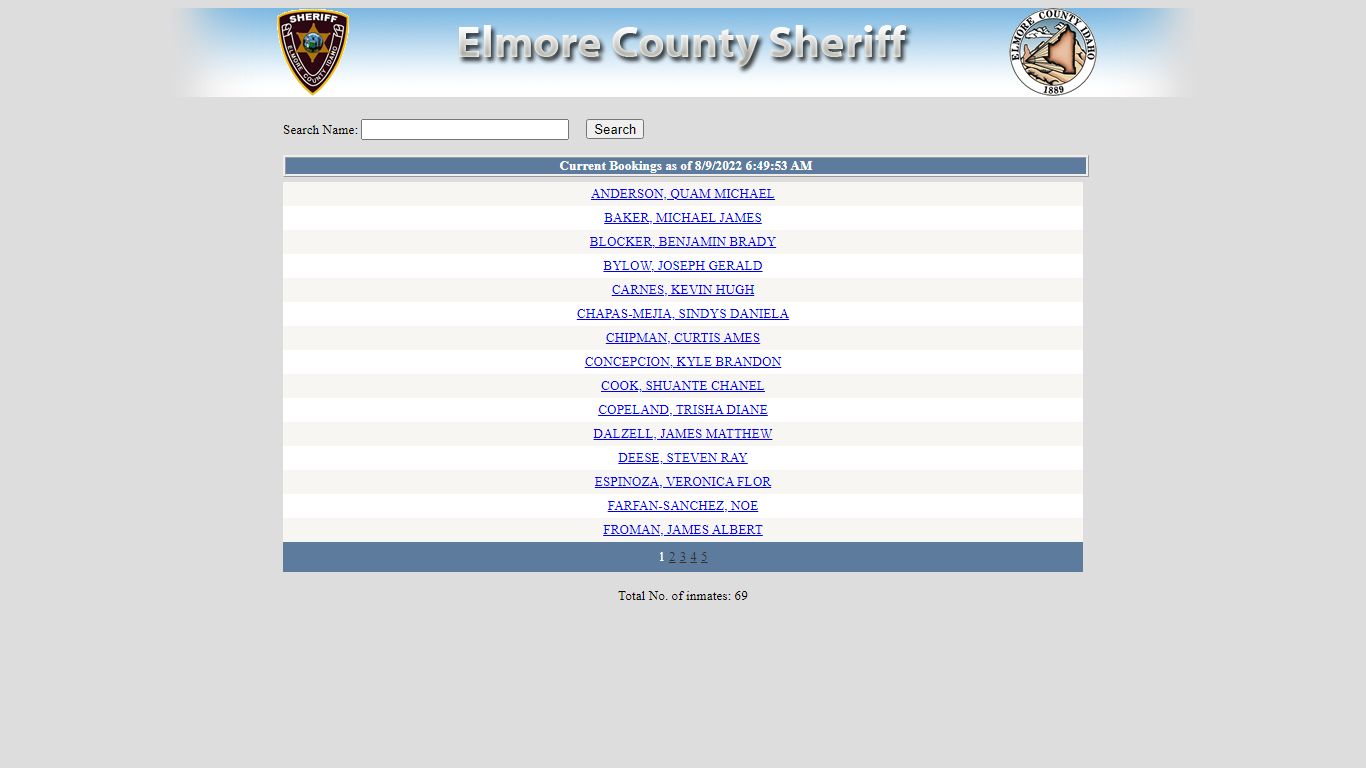 List Current Bookings - Elmore County, Idaho